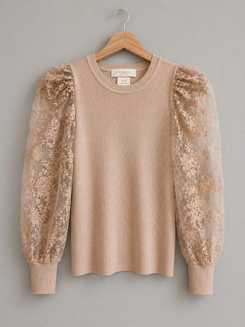 Cocobleu Lace Sleeve Knit Top Small Beige Puff Sleeve Floral Sheer Romantic